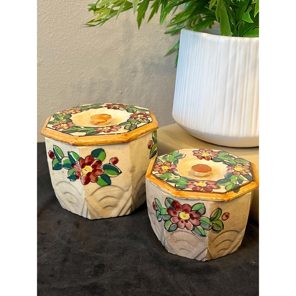 Vintage 1930s Made in Japan Nesting Trinket Boxes Hand Painted Floral Pottery